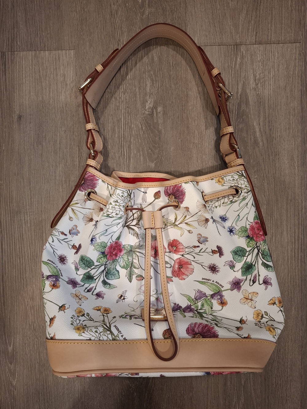 Dooney & Bourke White Floral Botanical Drawstring Bucket Shoulder Bag